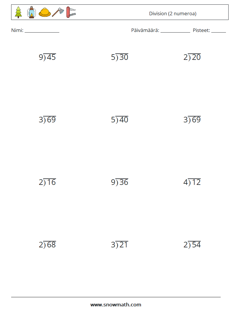 (12) Division (2 numeroa) Matematiikan laskentataulukot 9