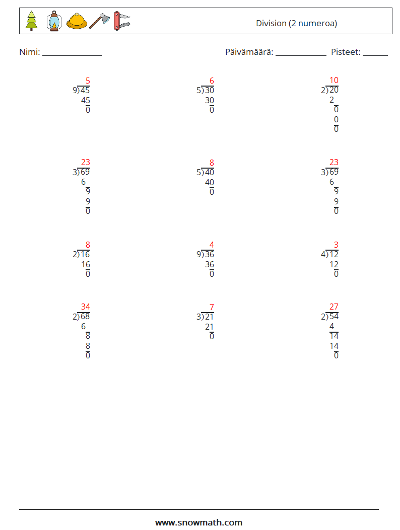 (12) Division (2 numeroa) Matematiikan laskentataulukot 9 Kysymys, vastaus