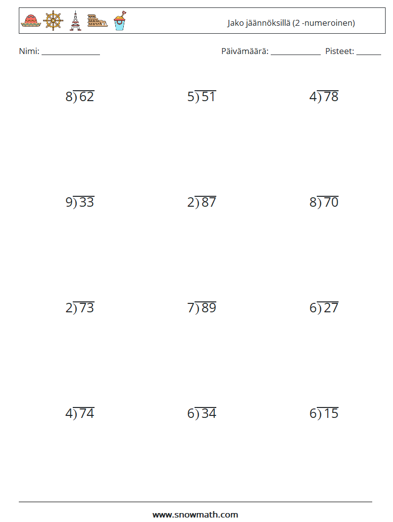 (12) Jako jäännöksillä (2 -numeroinen) Matematiikan laskentataulukot 1