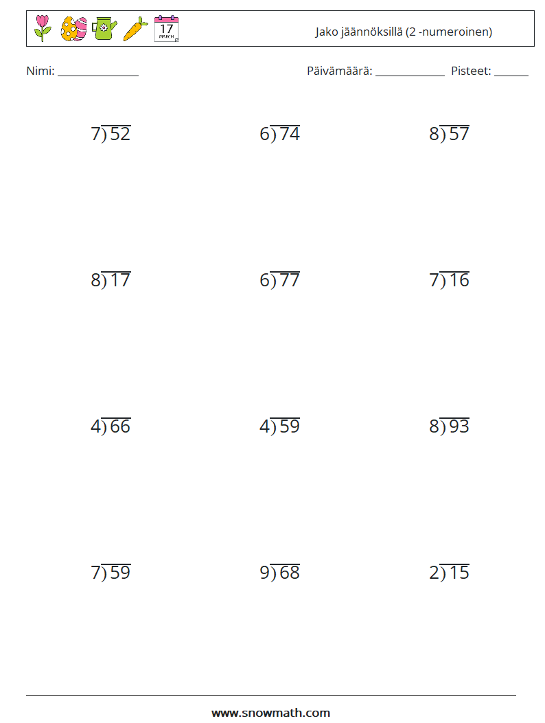 (12) Jako jäännöksillä (2 -numeroinen) Matematiikan laskentataulukot 11