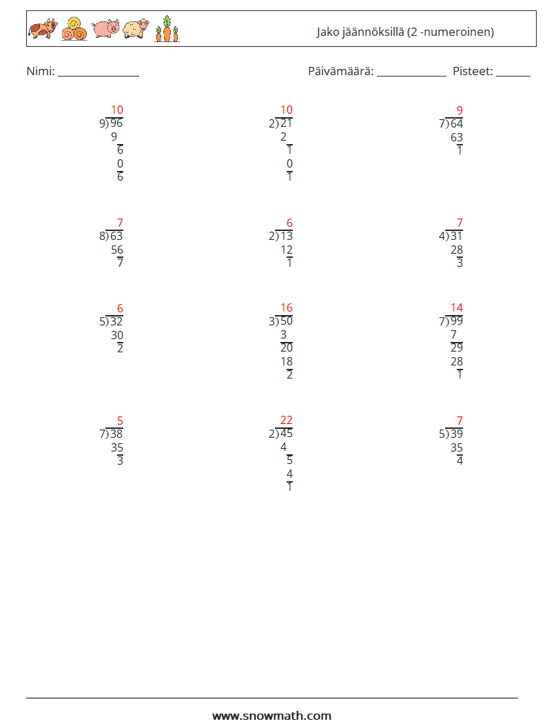 (12) Jako jäännöksillä (2 -numeroinen) Matematiikan laskentataulukot 14 Kysymys, vastaus