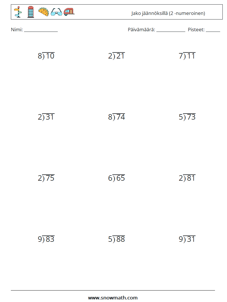 (12) Jako jäännöksillä (2 -numeroinen) Matematiikan laskentataulukot 16