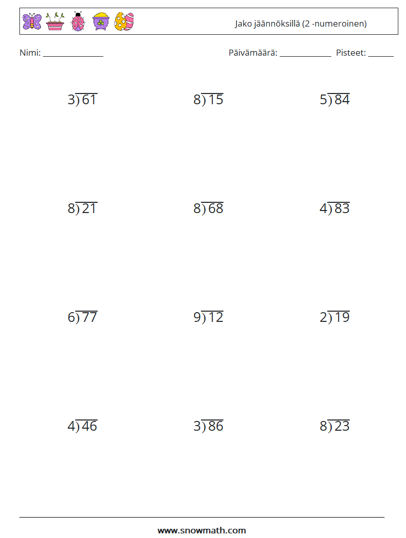 (12) Jako jäännöksillä (2 -numeroinen) Matematiikan laskentataulukot 17