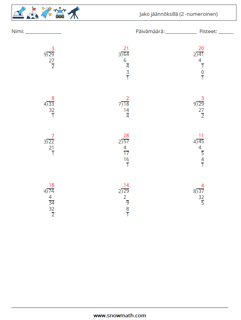 (12) Jako jäännöksillä (2 -numeroinen) Matematiikan laskentataulukot 18 Kysymys, vastaus