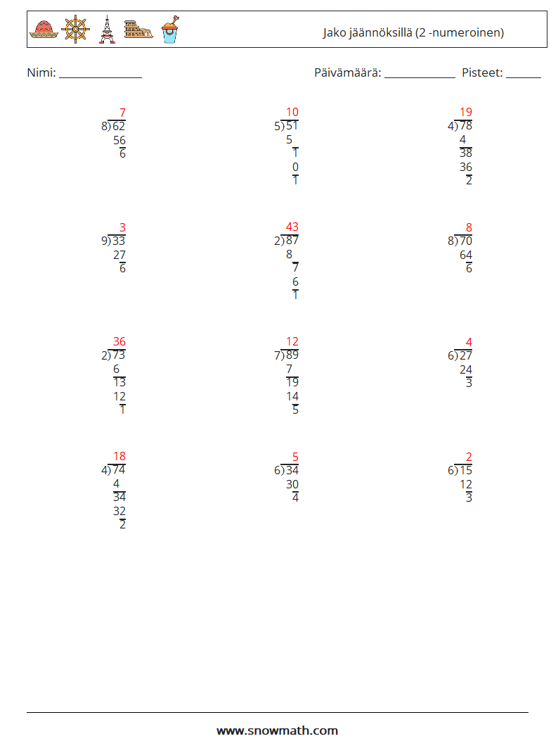 (12) Jako jäännöksillä (2 -numeroinen) Matematiikan laskentataulukot 1 Kysymys, vastaus