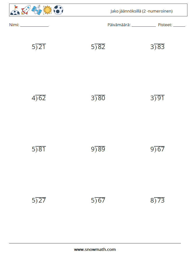 (12) Jako jäännöksillä (2 -numeroinen) Matematiikan laskentataulukot 2