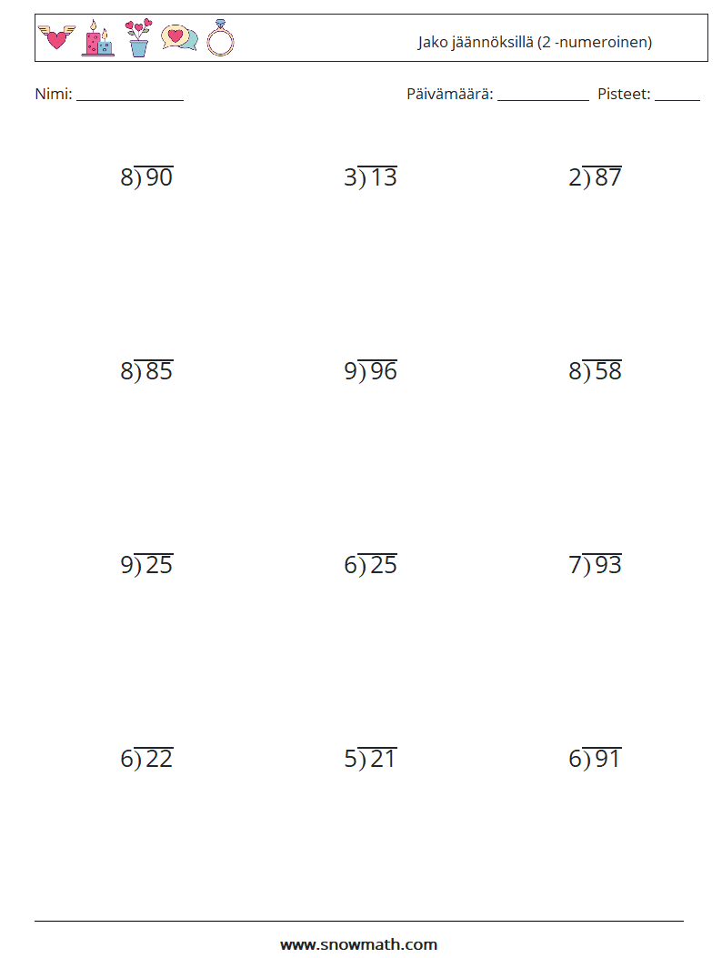 (12) Jako jäännöksillä (2 -numeroinen) Matematiikan laskentataulukot 3