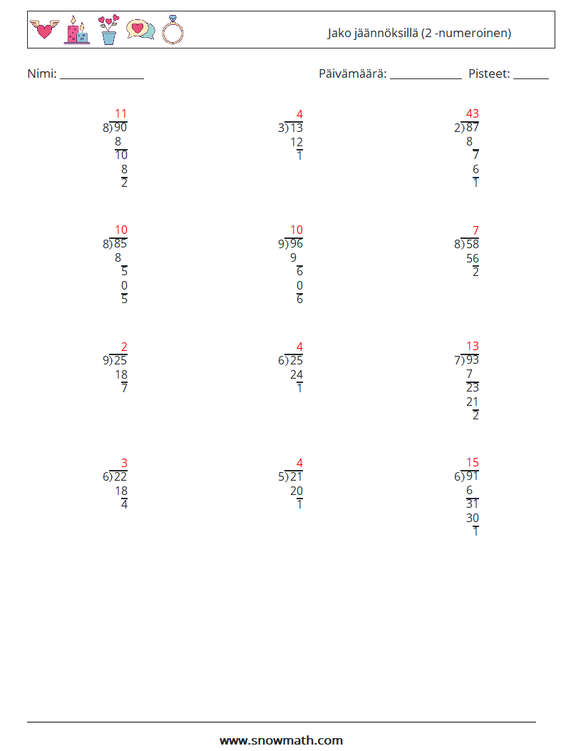 (12) Jako jäännöksillä (2 -numeroinen) Matematiikan laskentataulukot 3 Kysymys, vastaus