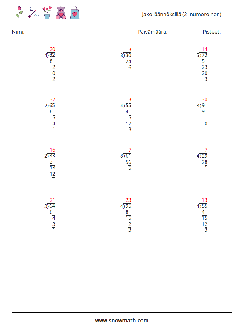 (12) Jako jäännöksillä (2 -numeroinen) Matematiikan laskentataulukot 4 Kysymys, vastaus