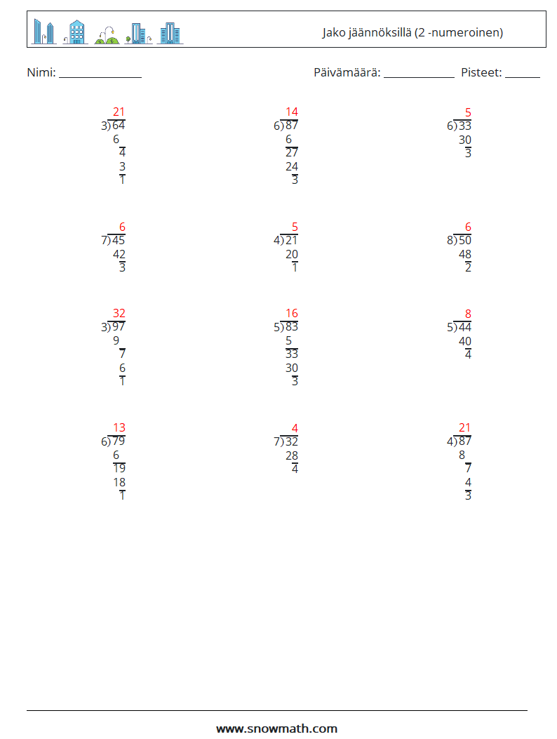 (12) Jako jäännöksillä (2 -numeroinen) Matematiikan laskentataulukot 5 Kysymys, vastaus