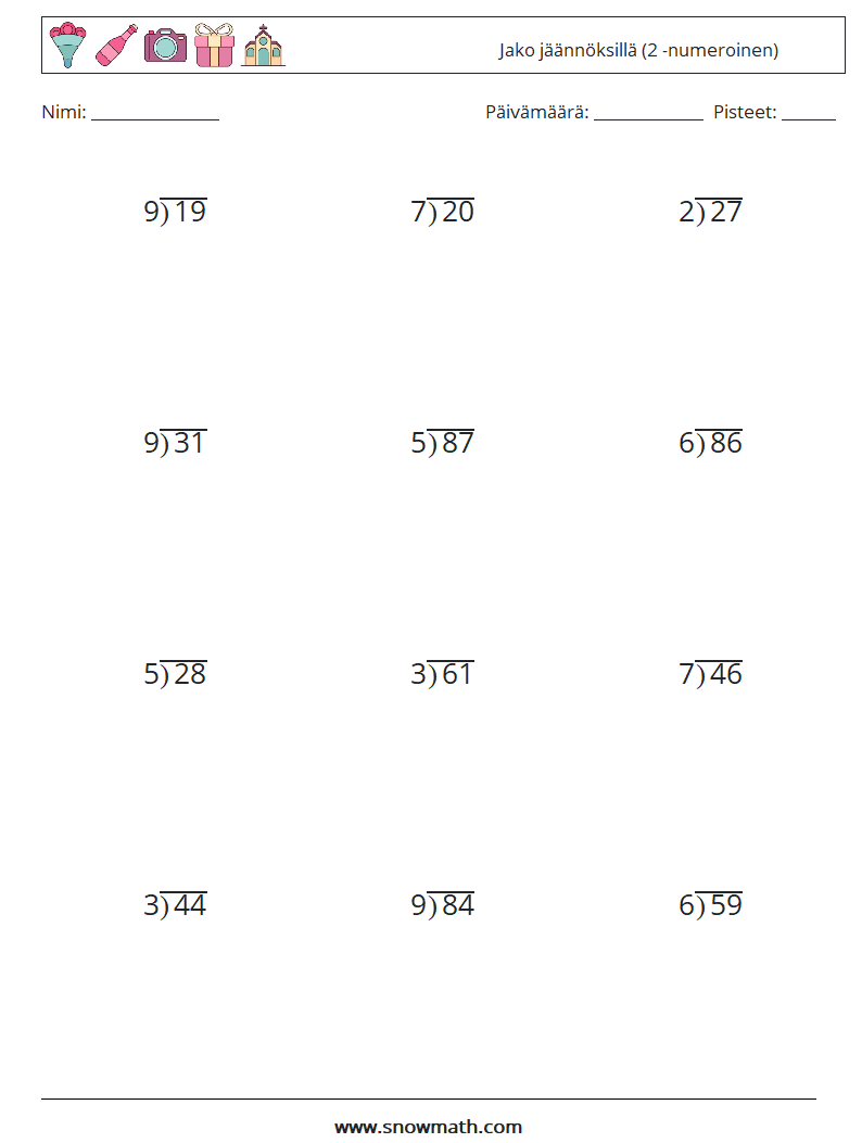 (12) Jako jäännöksillä (2 -numeroinen) Matematiikan laskentataulukot 6