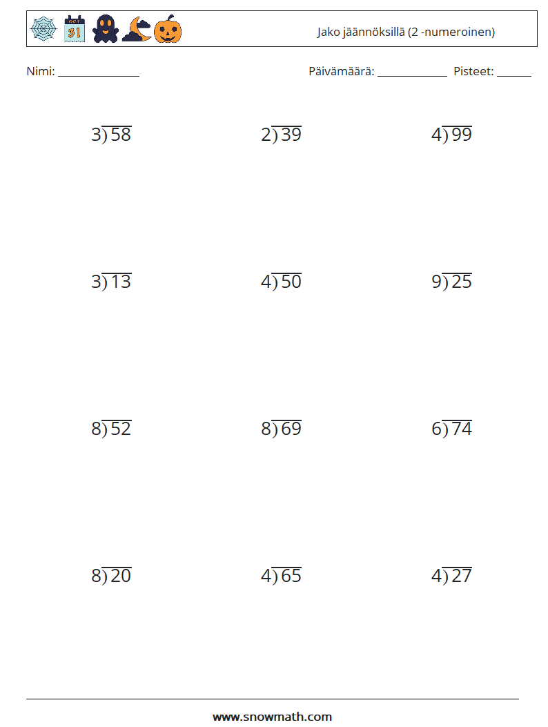 (12) Jako jäännöksillä (2 -numeroinen) Matematiikan laskentataulukot 7