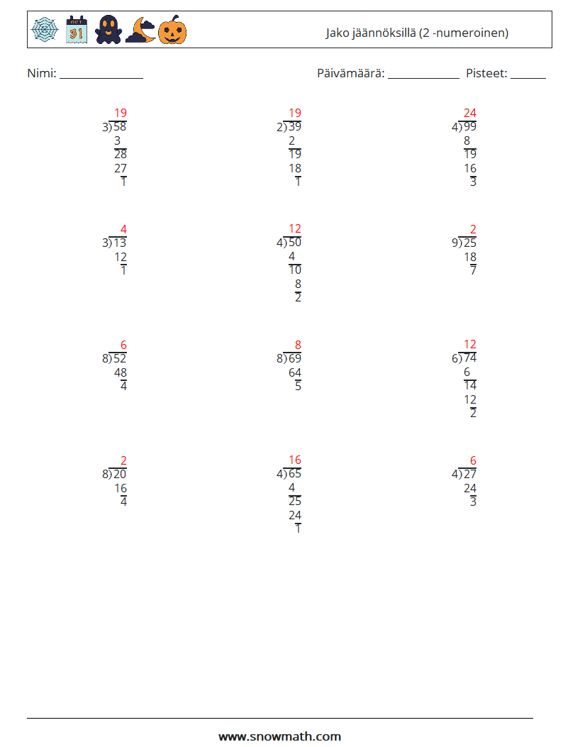 (12) Jako jäännöksillä (2 -numeroinen) Matematiikan laskentataulukot 7 Kysymys, vastaus