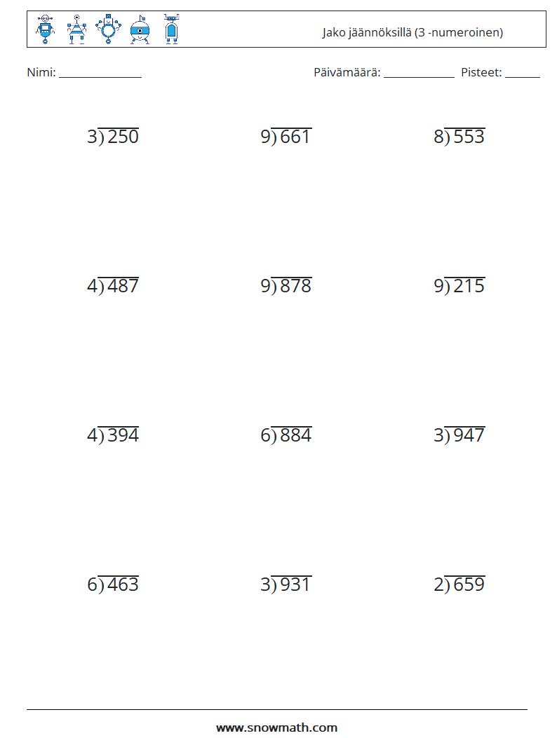 (12) Jako jäännöksillä (3 -numeroinen) Matematiikan laskentataulukot 10