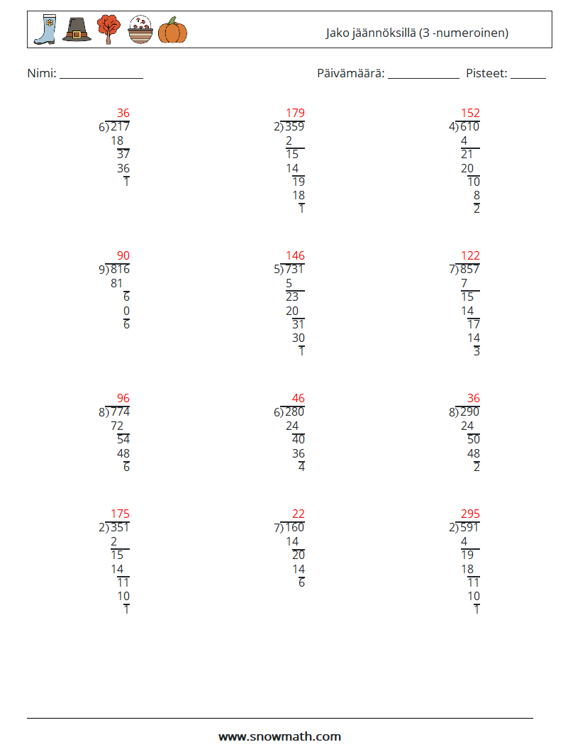 (12) Jako jäännöksillä (3 -numeroinen) Matematiikan laskentataulukot 13 Kysymys, vastaus