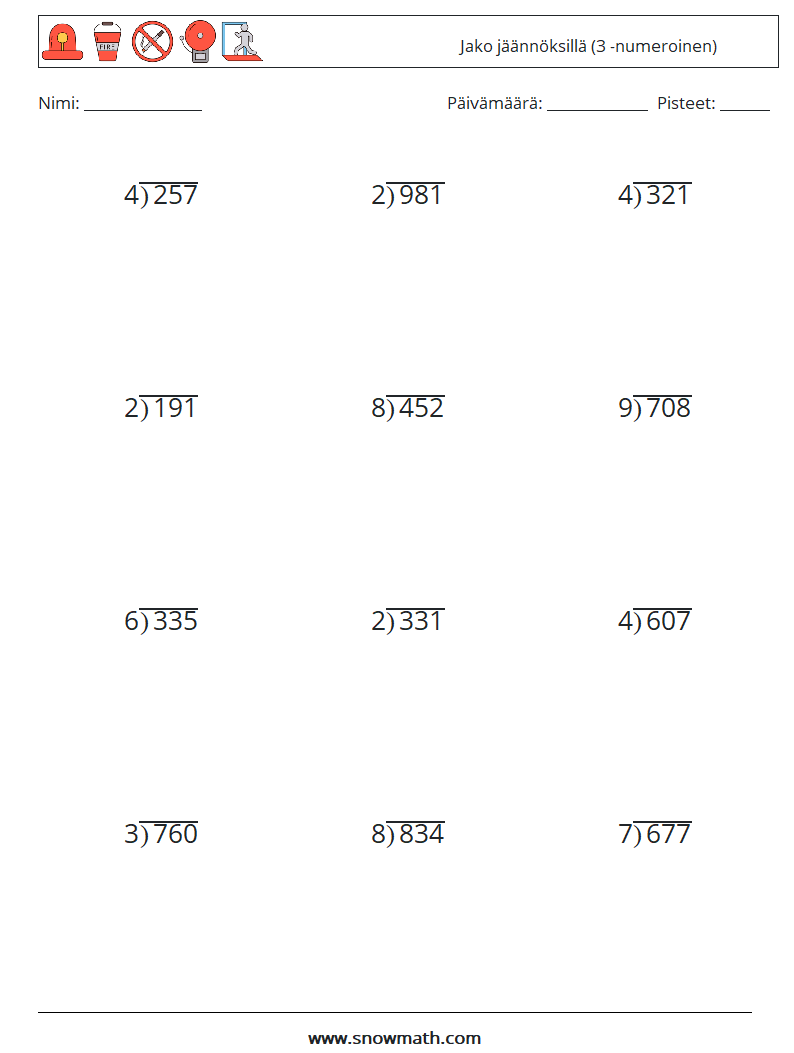 (12) Jako jäännöksillä (3 -numeroinen) Matematiikan laskentataulukot 15