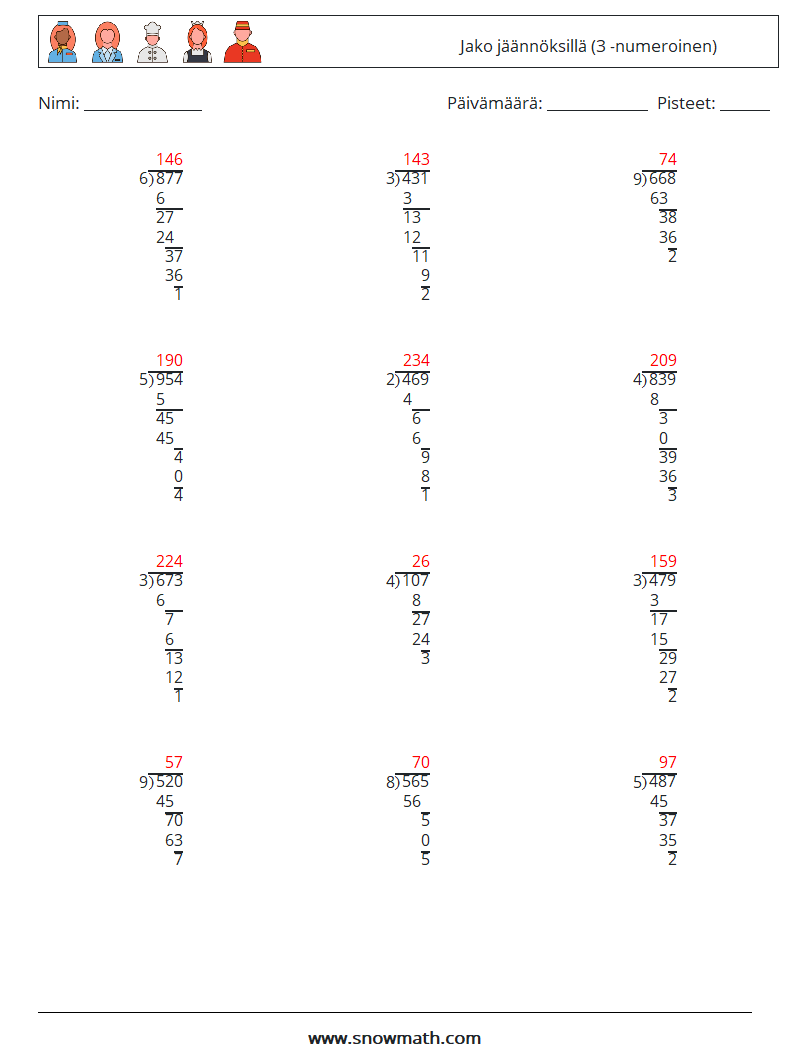 (12) Jako jäännöksillä (3 -numeroinen) Matematiikan laskentataulukot 16 Kysymys, vastaus