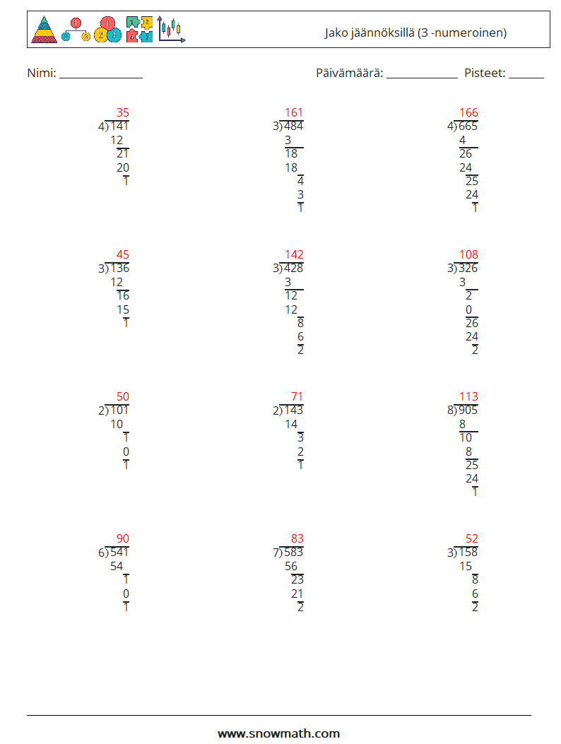 (12) Jako jäännöksillä (3 -numeroinen) Matematiikan laskentataulukot 17 Kysymys, vastaus