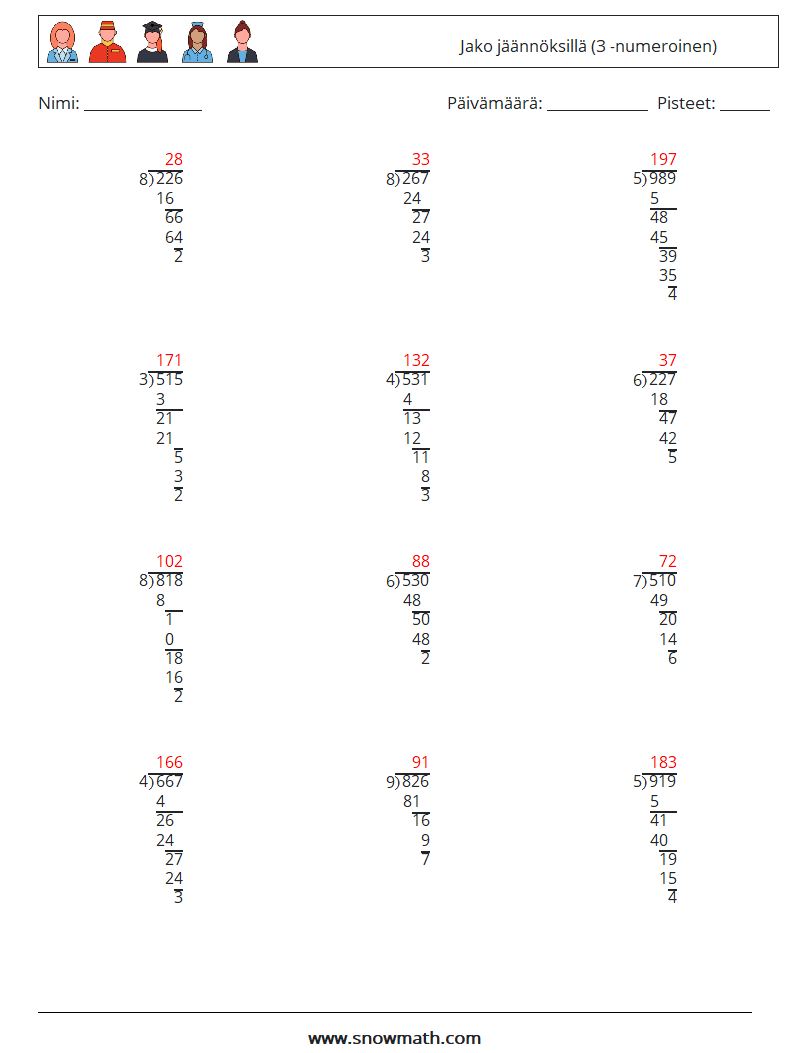 (12) Jako jäännöksillä (3 -numeroinen) Matematiikan laskentataulukot 18 Kysymys, vastaus