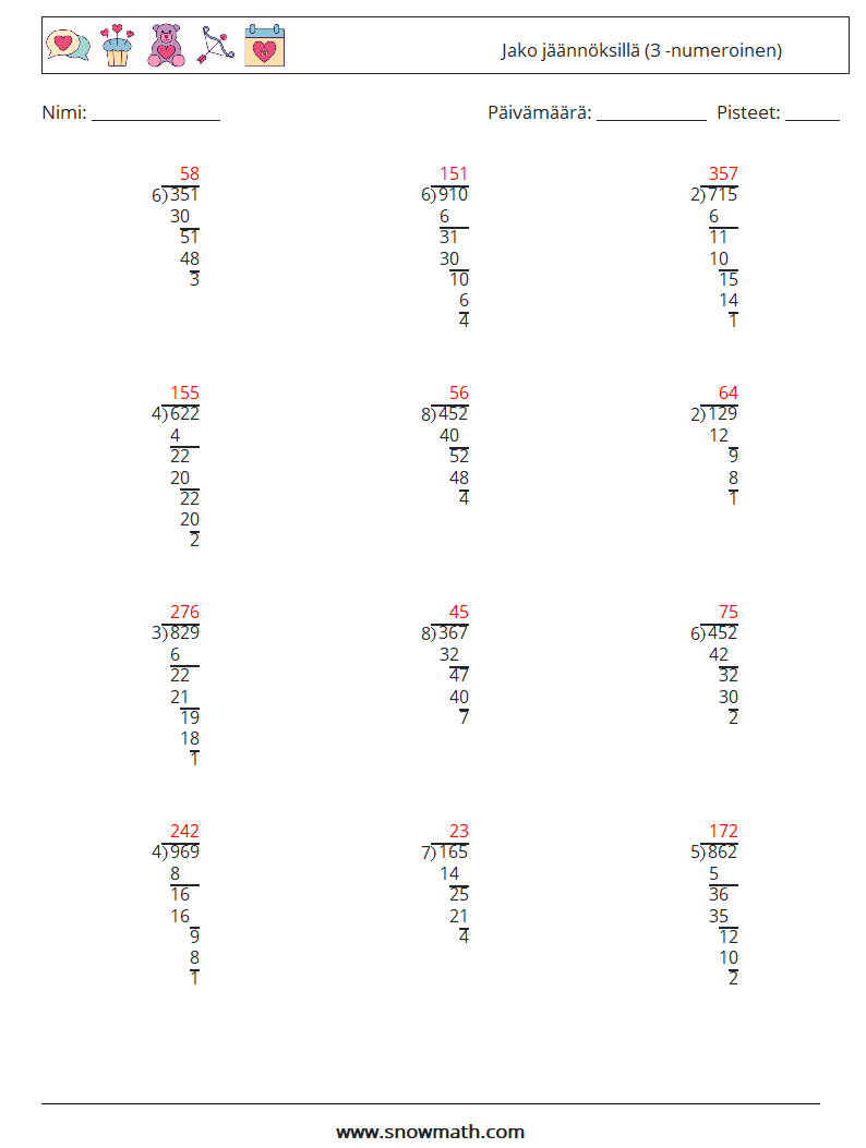 (12) Jako jäännöksillä (3 -numeroinen) Matematiikan laskentataulukot 2 Kysymys, vastaus