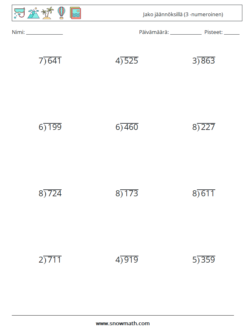 (12) Jako jäännöksillä (3 -numeroinen) Matematiikan laskentataulukot 4