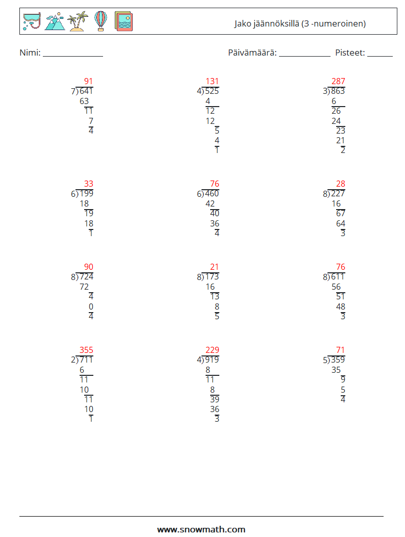 (12) Jako jäännöksillä (3 -numeroinen) Matematiikan laskentataulukot 4 Kysymys, vastaus