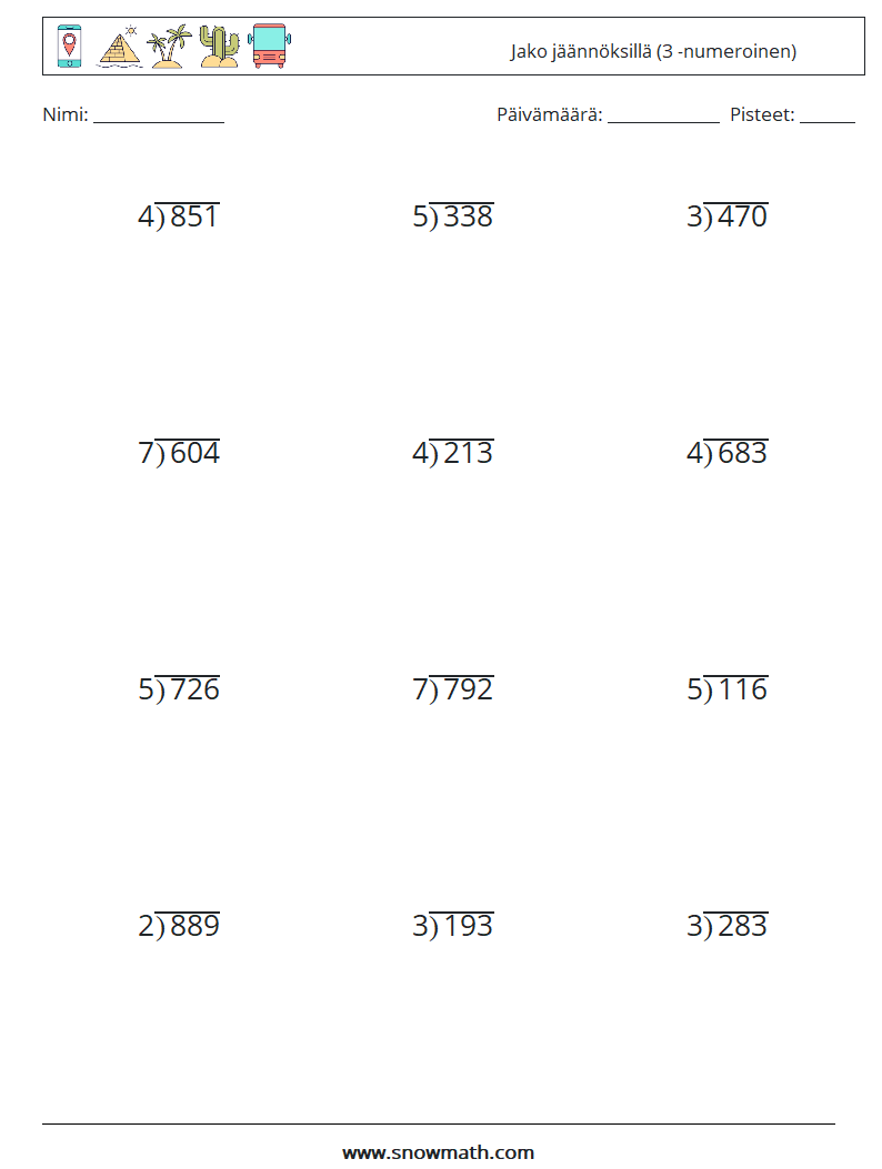 (12) Jako jäännöksillä (3 -numeroinen) Matematiikan laskentataulukot 8