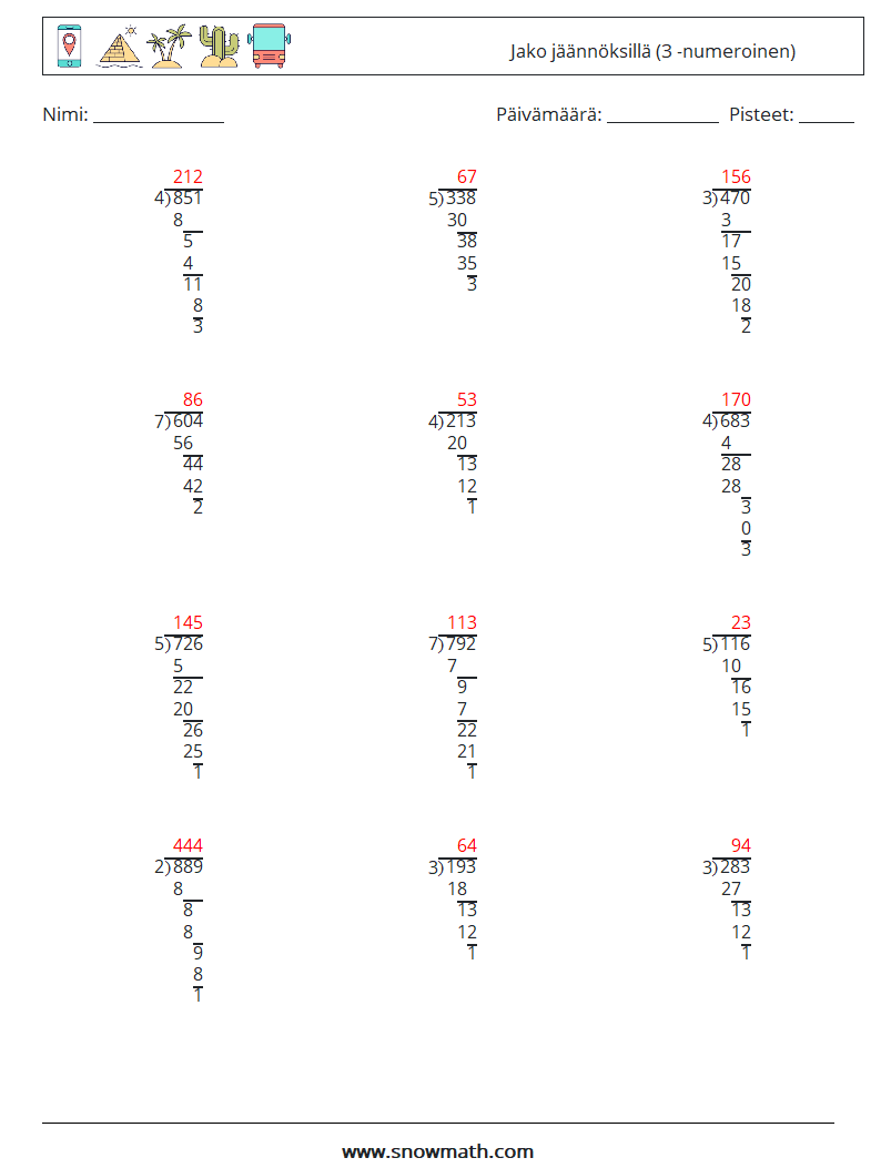 (12) Jako jäännöksillä (3 -numeroinen) Matematiikan laskentataulukot 8 Kysymys, vastaus