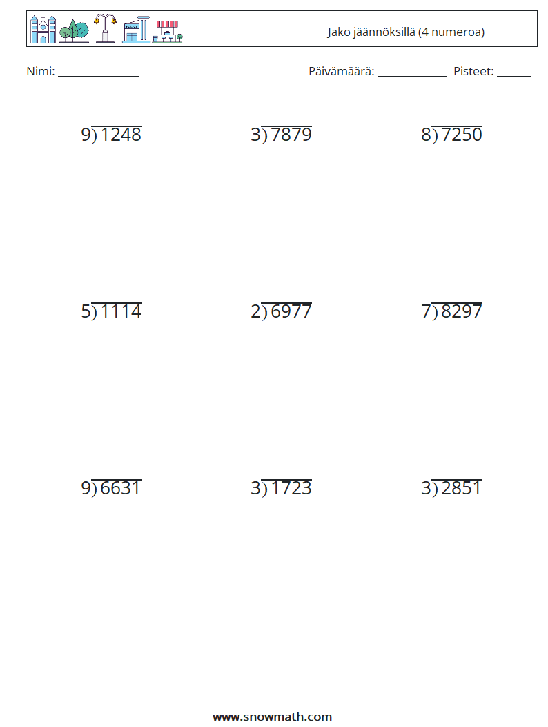 (9) Jako jäännöksillä (4 numeroa) Matematiikan laskentataulukot 1