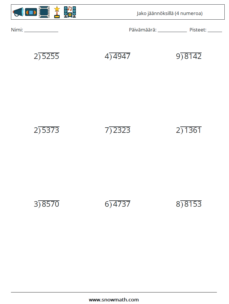 (9) Jako jäännöksillä (4 numeroa) Matematiikan laskentataulukot 13