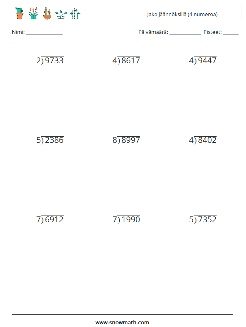 (9) Jako jäännöksillä (4 numeroa) Matematiikan laskentataulukot 14