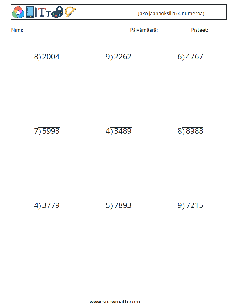 (9) Jako jäännöksillä (4 numeroa) Matematiikan laskentataulukot 18