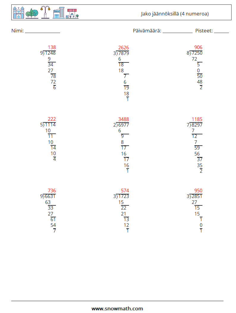 (9) Jako jäännöksillä (4 numeroa) Matematiikan laskentataulukot 1 Kysymys, vastaus