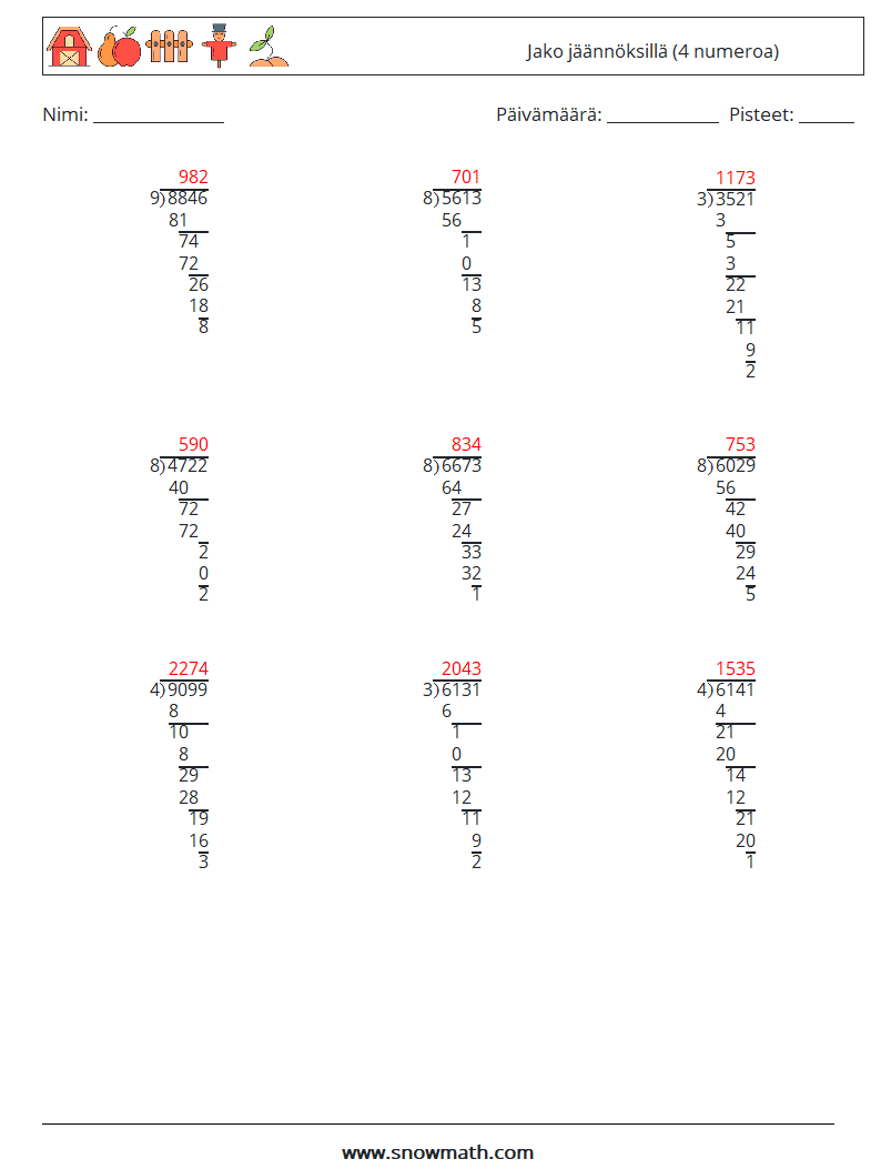 (9) Jako jäännöksillä (4 numeroa) Matematiikan laskentataulukot 2 Kysymys, vastaus