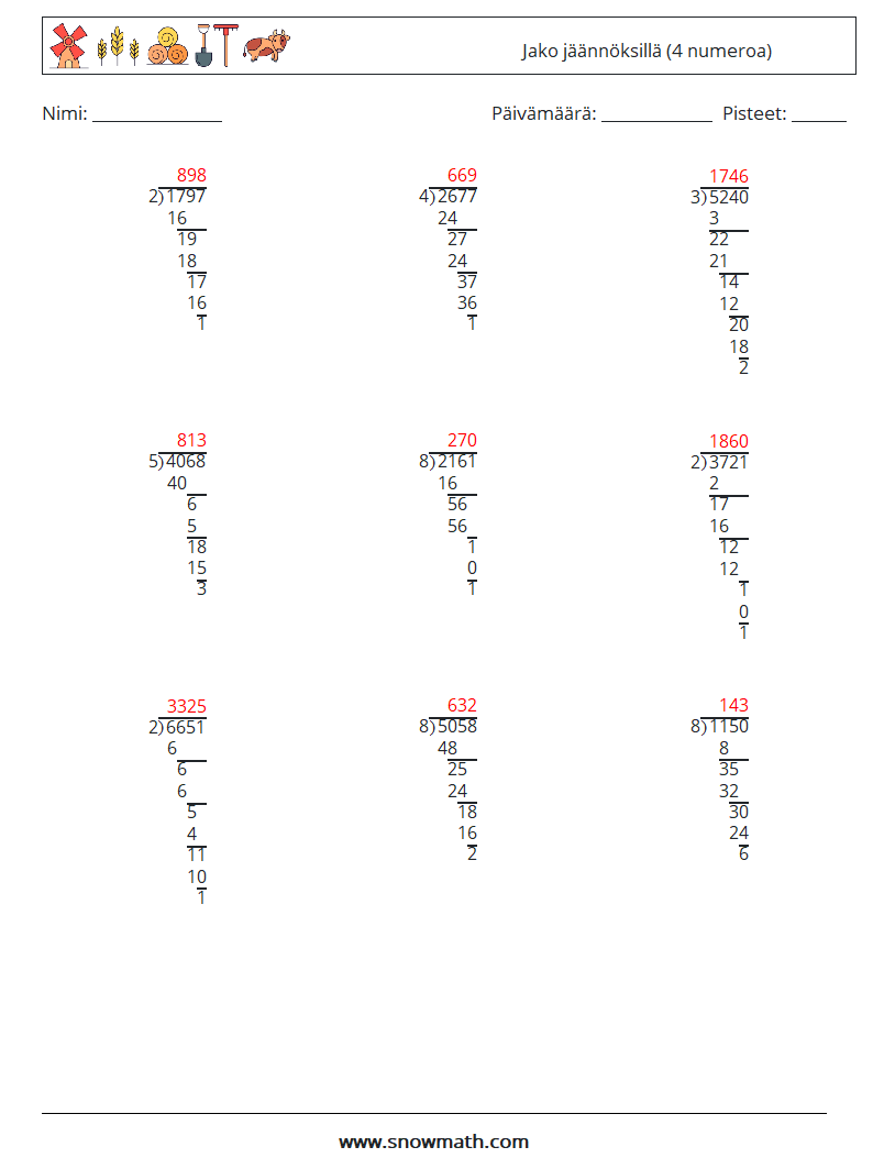 (9) Jako jäännöksillä (4 numeroa) Matematiikan laskentataulukot 4 Kysymys, vastaus