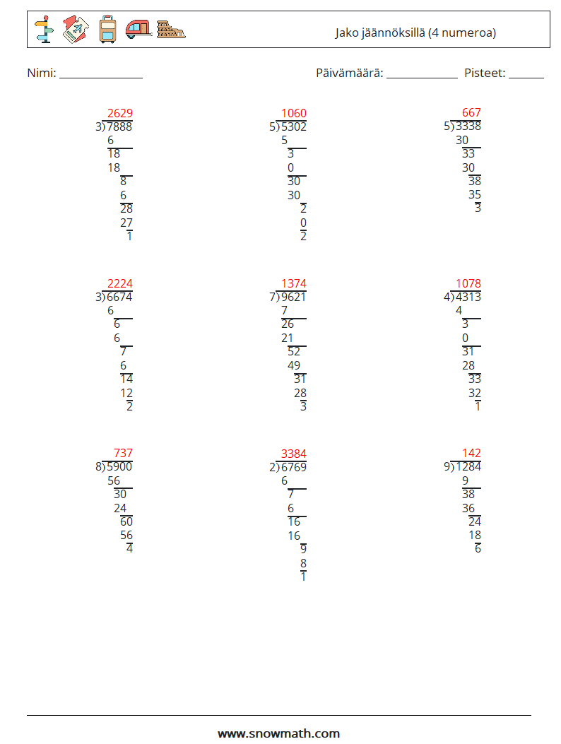 (9) Jako jäännöksillä (4 numeroa) Matematiikan laskentataulukot 6 Kysymys, vastaus