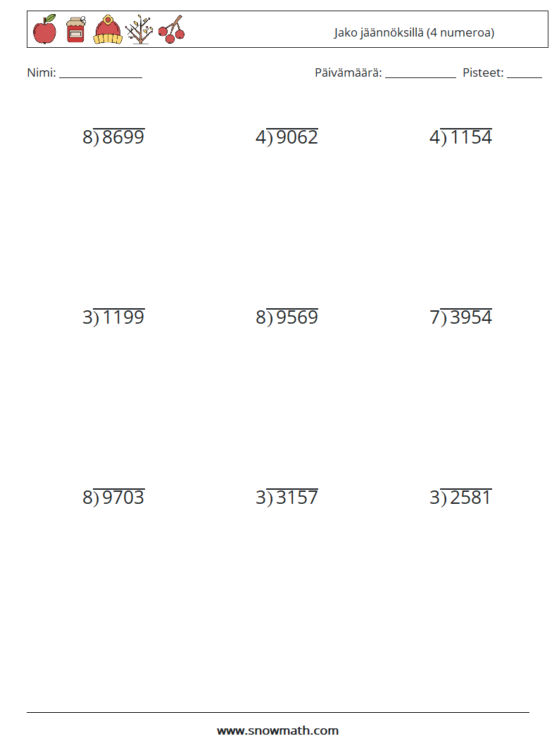 (9) Jako jäännöksillä (4 numeroa) Matematiikan laskentataulukot 7