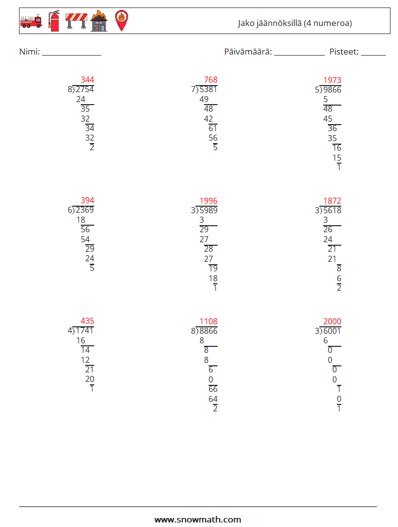 (9) Jako jäännöksillä (4 numeroa) Matematiikan laskentataulukot 8 Kysymys, vastaus