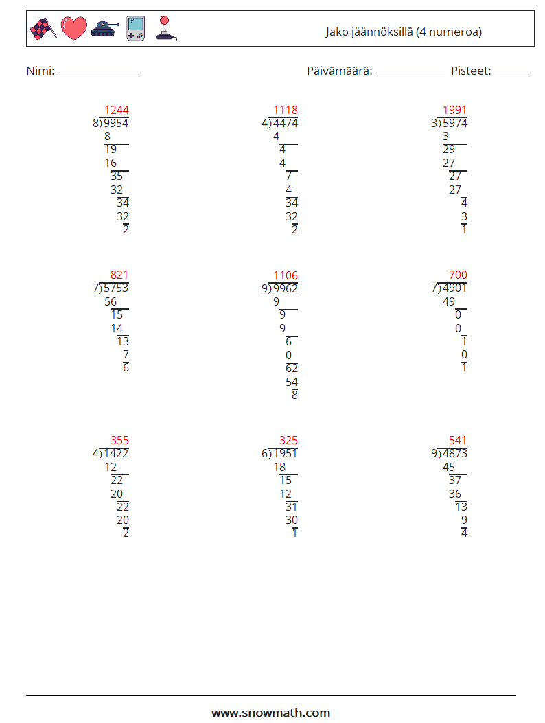 (9) Jako jäännöksillä (4 numeroa) Matematiikan laskentataulukot 9 Kysymys, vastaus