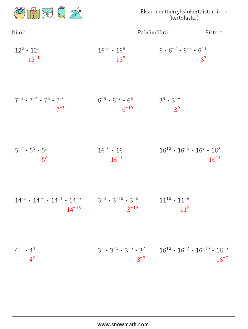 Eksponenttien yksinkertaistaminen (kertolasku) Matematiikan laskentataulukot 1 Kysymys, vastaus