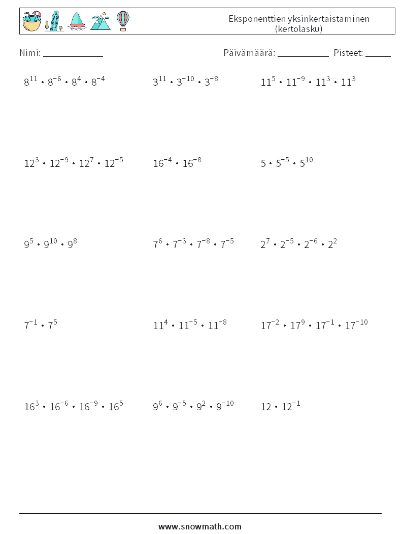 Eksponenttien yksinkertaistaminen (kertolasku) Matematiikan laskentataulukot 2