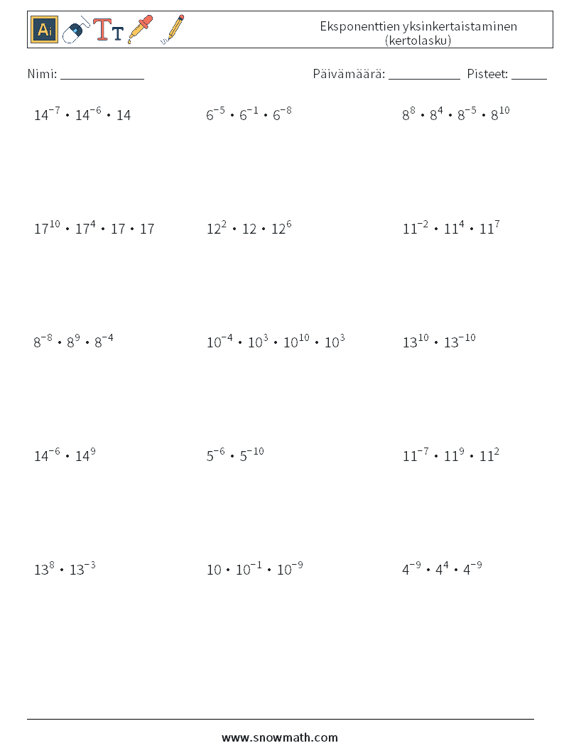 Eksponenttien yksinkertaistaminen (kertolasku) Matematiikan laskentataulukot 3