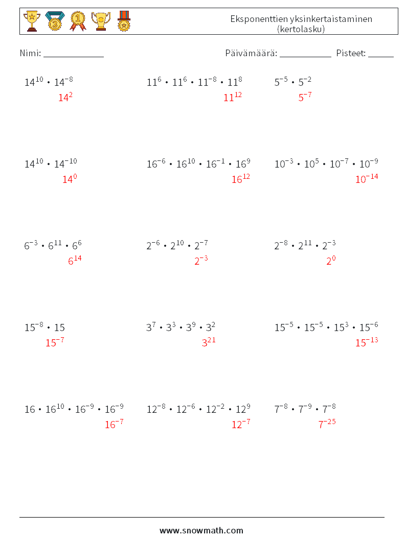 Eksponenttien yksinkertaistaminen (kertolasku) Matematiikan laskentataulukot 5 Kysymys, vastaus