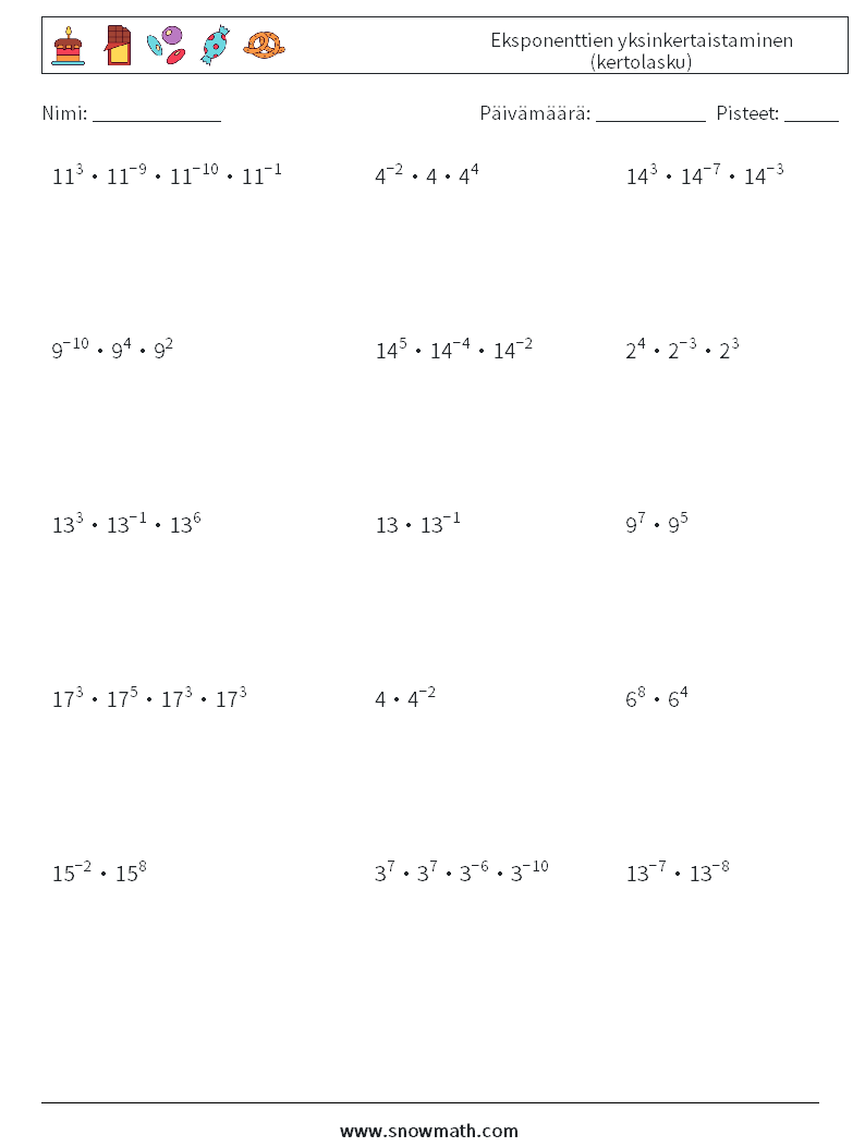 Eksponenttien yksinkertaistaminen (kertolasku) Matematiikan laskentataulukot 7