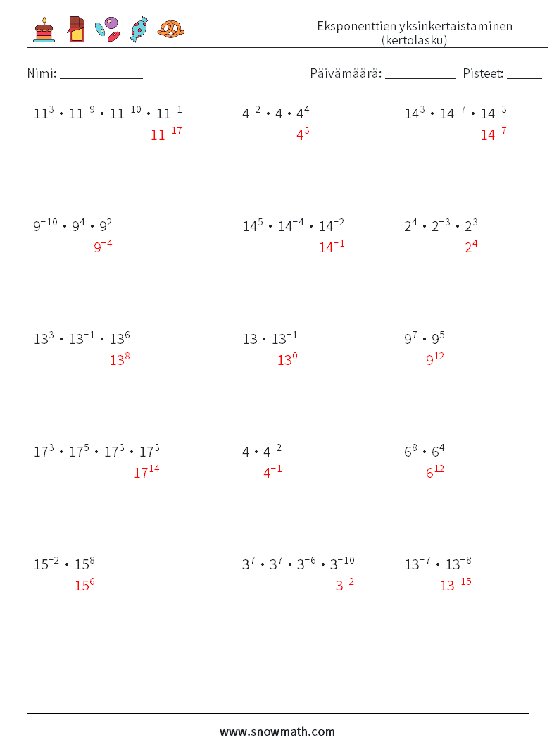 Eksponenttien yksinkertaistaminen (kertolasku) Matematiikan laskentataulukot 7 Kysymys, vastaus