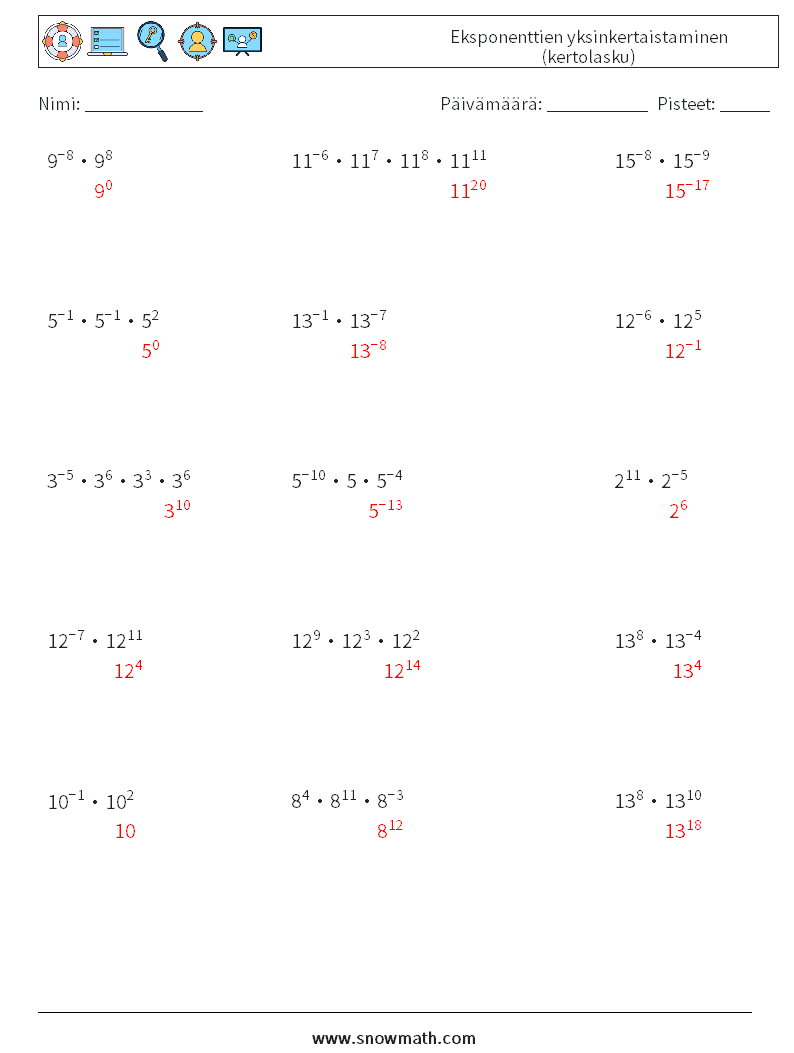 Eksponenttien yksinkertaistaminen (kertolasku) Matematiikan laskentataulukot 8 Kysymys, vastaus