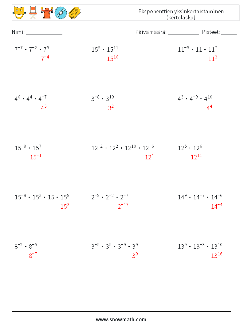 Eksponenttien yksinkertaistaminen (kertolasku) Matematiikan laskentataulukot 9 Kysymys, vastaus