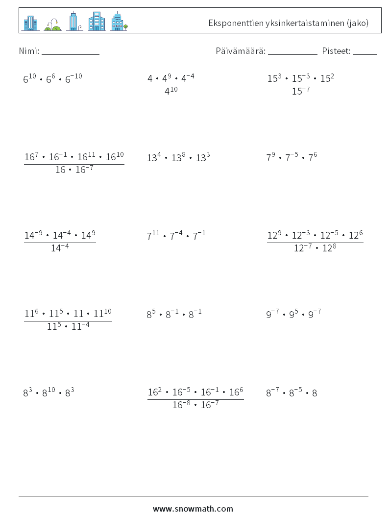 Eksponenttien yksinkertaistaminen (jako) Matematiikan laskentataulukot 1