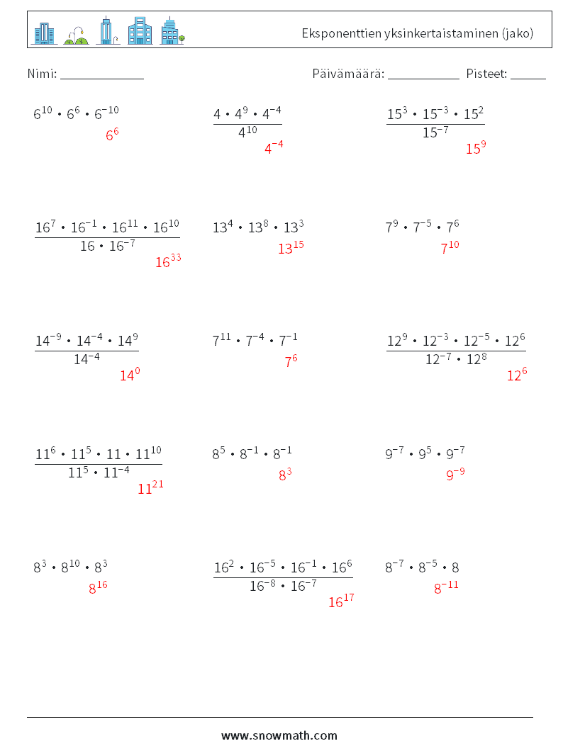 Eksponenttien yksinkertaistaminen (jako) Matematiikan laskentataulukot 1 Kysymys, vastaus