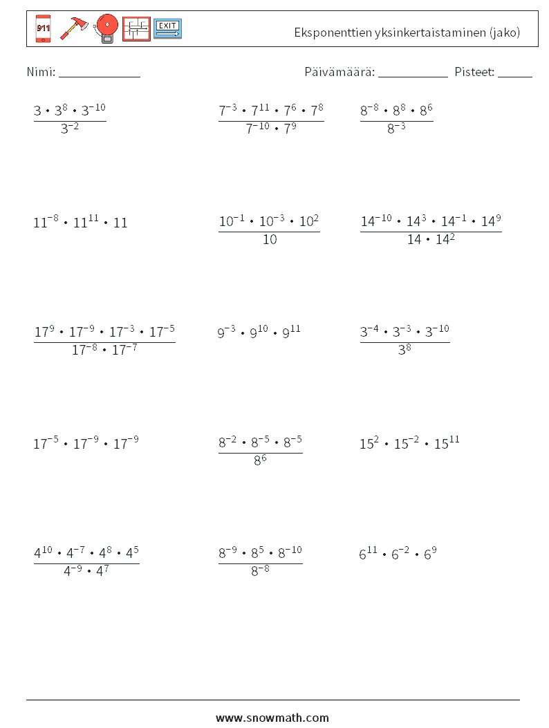 Eksponenttien yksinkertaistaminen (jako) Matematiikan laskentataulukot 2